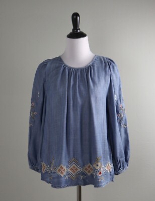 ANTHROPOLOGIE NWT Kyla Seo Love Caite Embroidered Issa Chambray Top Size Small