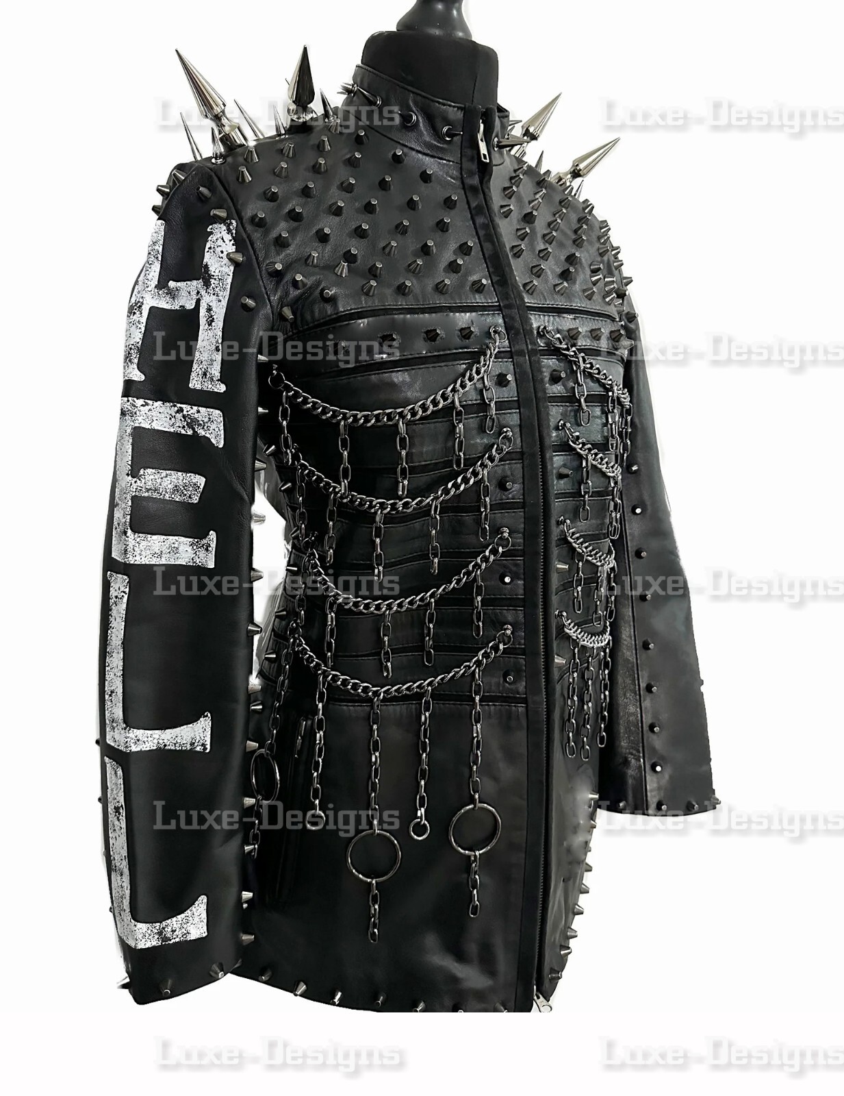 Pre-owned Handmade Unisex I Am Inhell Black Punk Long Spiked Studded With Chains Biker Leather Coat In Red Black