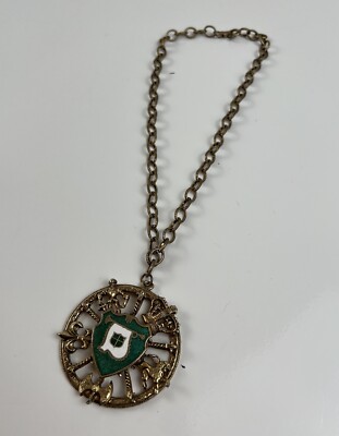 Vintage Enamel & Brass Metal Large Pendant Necklace Family Crest Lion Crown 10in