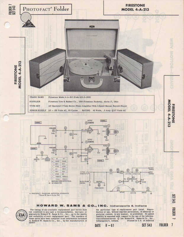 1961 FIRESTONE 4-A-213 RECORD PLAYER CHANGER AMP SERVICE MANUAL PHOTOFACT FIX