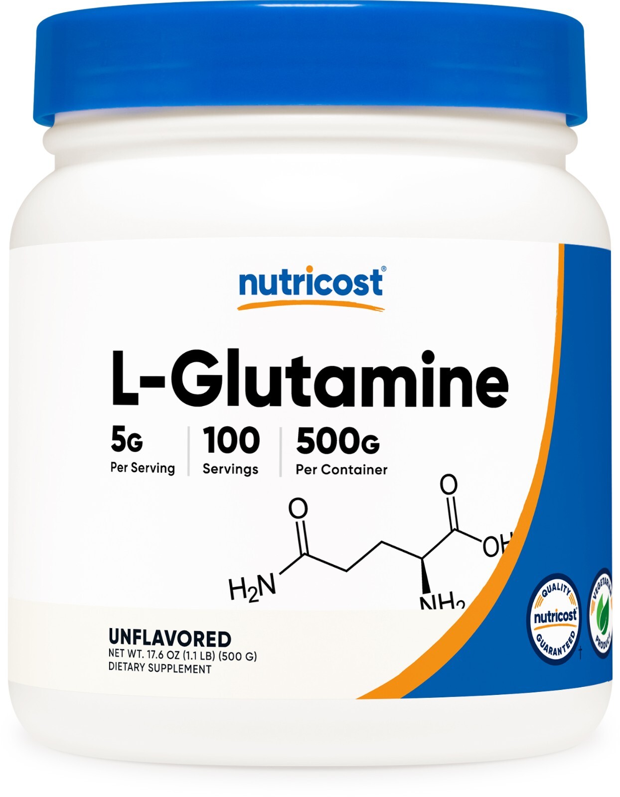 Nutricost Pure L-глутамин в порошке 500 г - 100 порций, без ГМО и глютена