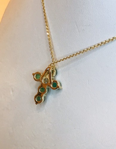 Pre-owned H3jewels 14k Solid Yellow Gold Natural Emerald & Diamond Pendant May Birthstone Cross In Green