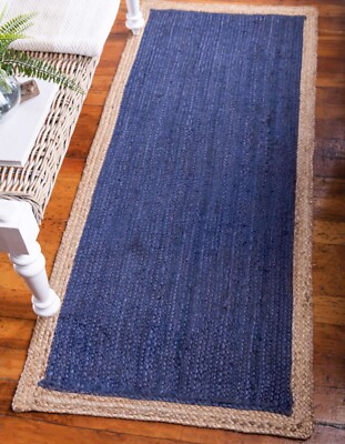 Runner rug natural jute hand braided carpet handmade Indian rug,  Blue + Beige