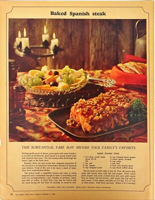 Baked Spanish Steak Retro MCM Recipe Kitchen Decor Vtg Print Magazine Ad 1966