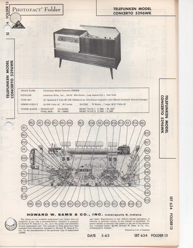1963 TELEFUNKEN CONCERTO 5296WK RECORD PLAYER AMP RADIO SERVICE MANUAL PHOTOFACT