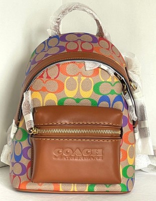 Pre-owned Coach Charter Backpack 18 Small Brown Leather Rainbow Signature Canvas Org Pkg