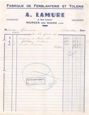 1950 FABRIQUE DE FERBLANTERIE ET TOLERIE A LAMURE A RIORGES - M. MAINAUD A C