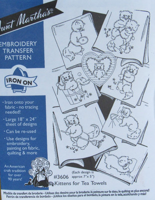Aunt Marthas 3606 KITTEN TEA TOWELS Days of Week Embroidery Transfer Pattern NEW