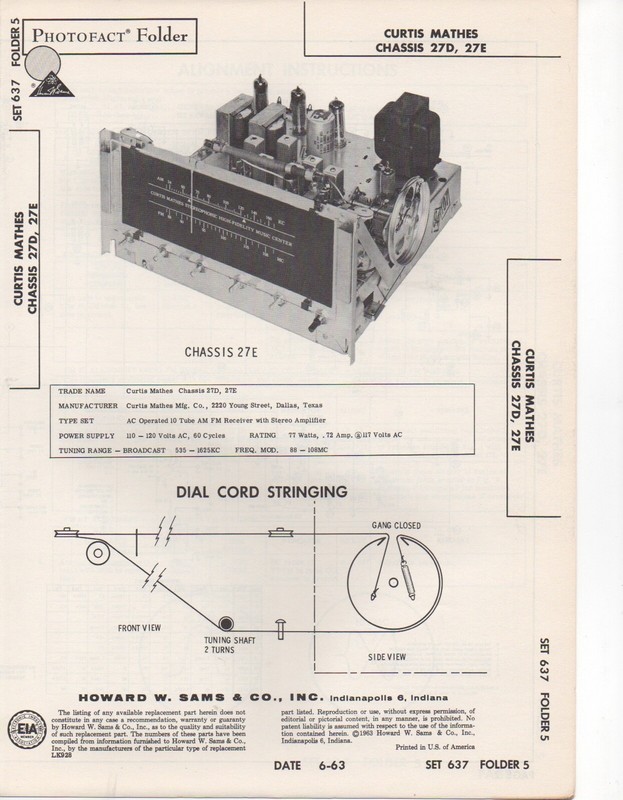 1963 CURTIS MATHES 27D 27E RADIO SERVICE MANUAL PHOTOFACT SCHEMATIC