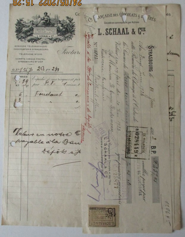 Facture Chocolaterie L. Schaal Strasbourg 1922