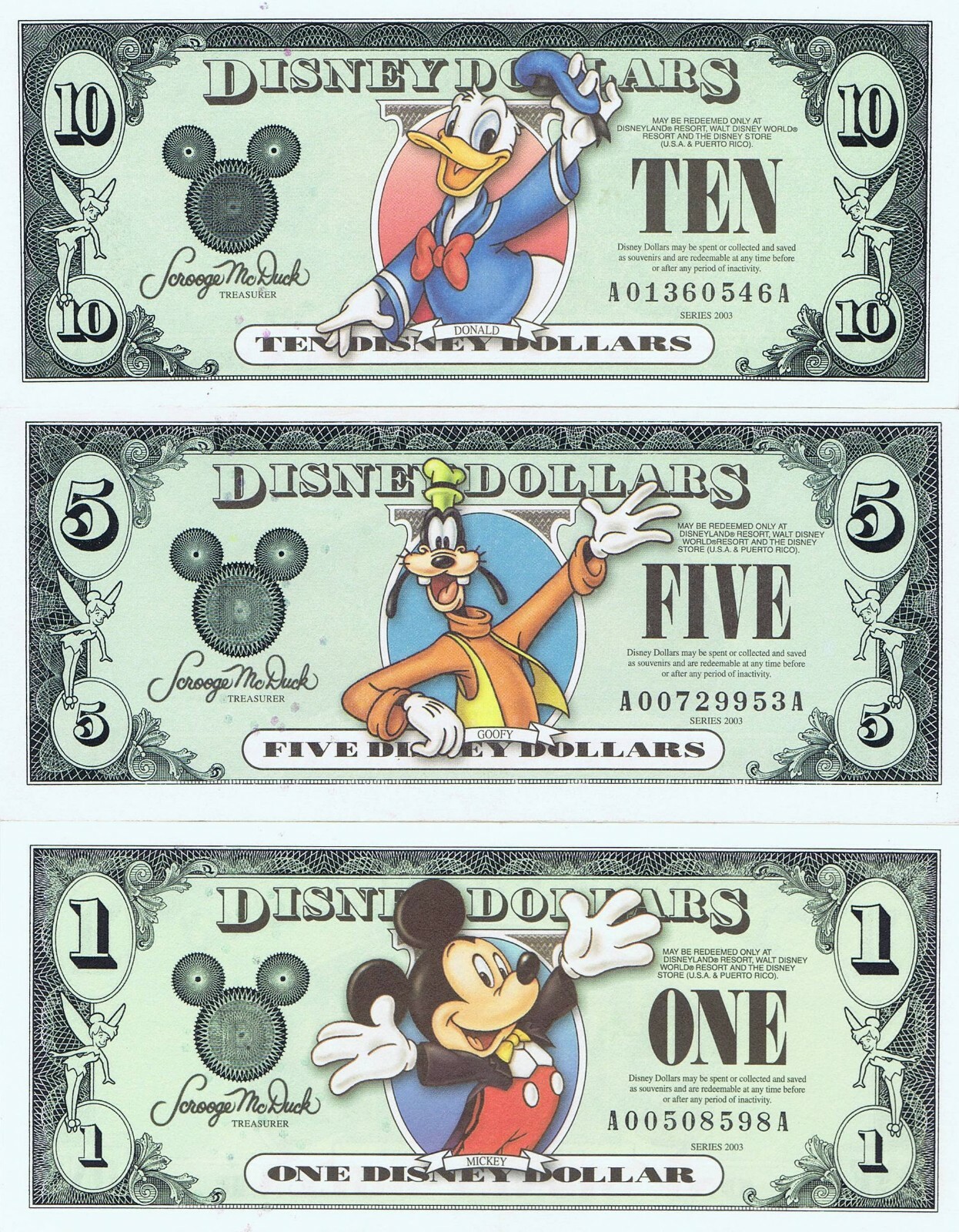 RARE 3 Note Set 2003 A $1 $5 $10 UNC Mickey Donald Goofy