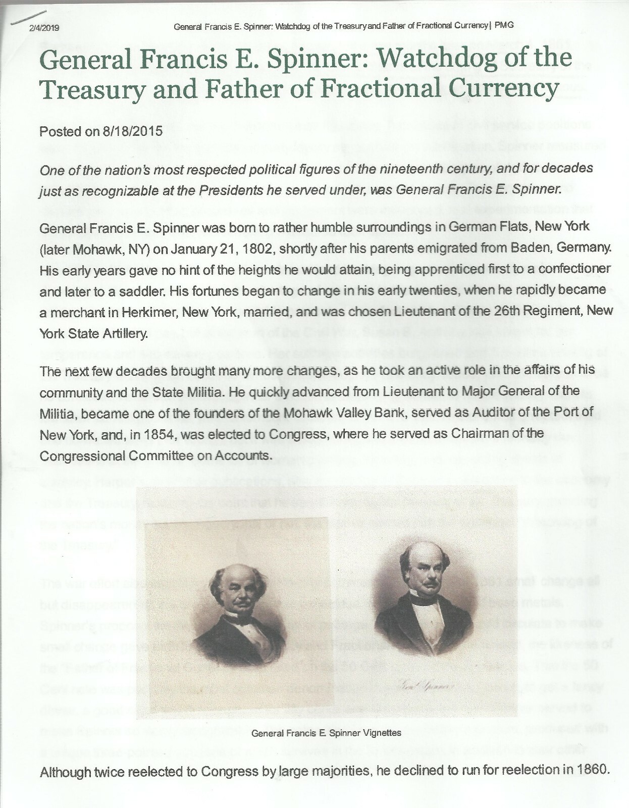 Letter of Francis E. Spinner, Appointed Treasurer of US By Lincoln