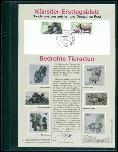 BRD KÜNSTLER-ETB 2001/19 FAUNA BEDROHTE TIERE GORILLA NASHORN