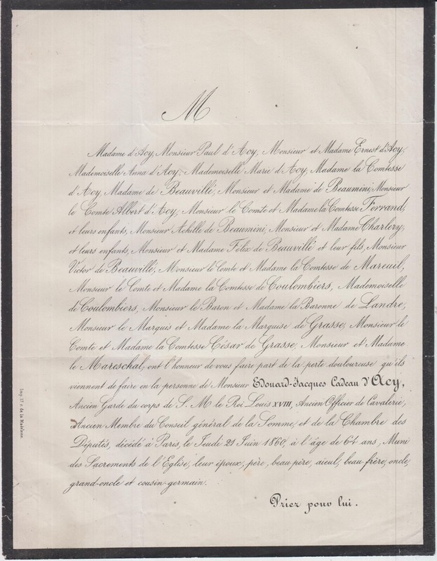 1860 Faire-Part DÃ©CÃ¨S Edouard-Jacques Cadeau D'Acy - Paris.