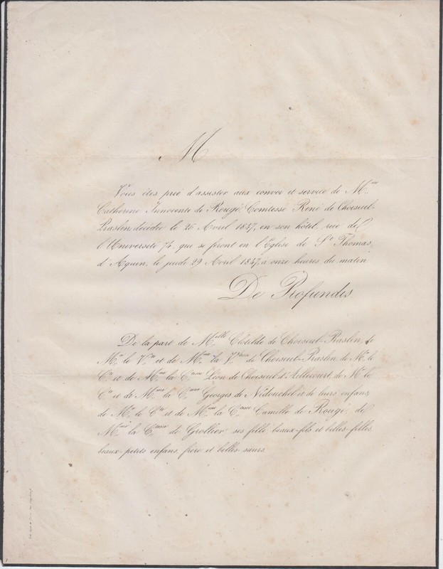 1847 Faire-Part DéCèS Mme René De Choiseul-Praslin NéE De RougÉ - Paris.