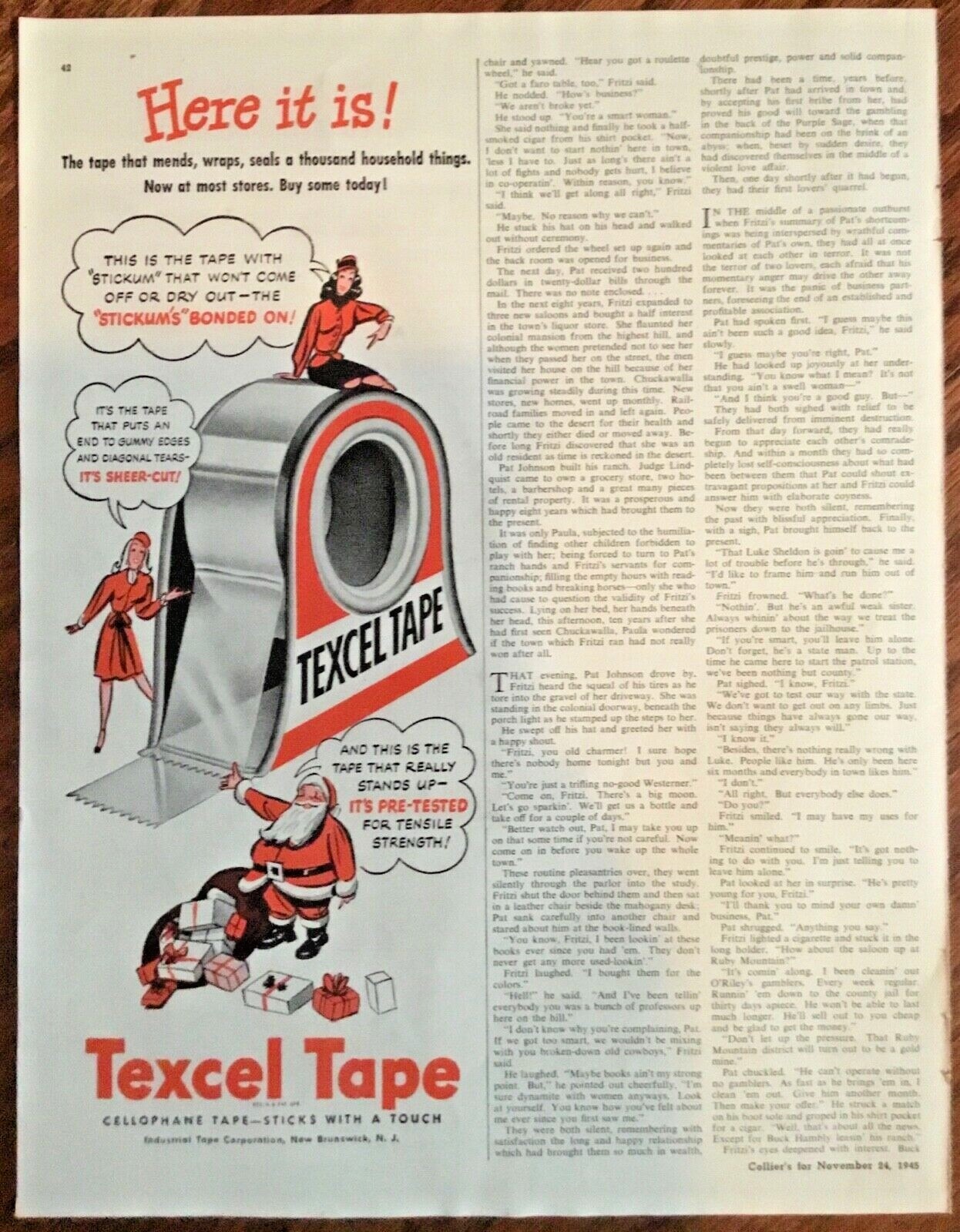 Texcel tape ad 1945 vintage orig print 1940s art retro Santa 