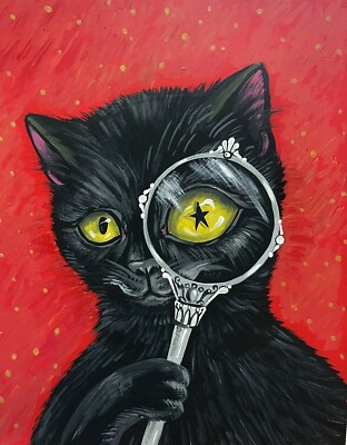 ACEO PRINT OF PAINTING RYTA HALLOWEEN BLACK CAT WITCH AUTUMN FOLK ART Salem  