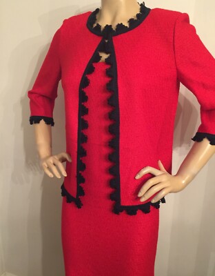 Pre-owned St John Knit Dress Suit Size 8 Red & Navy Hemp Fabric