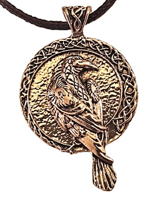 Raven necklace, Celtic, Norse, Odin, Runes, Crow Pendant ~ brass color