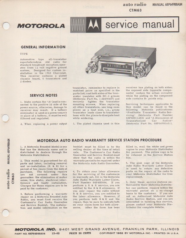 1963 Motorola Ctm63 Chevrolet Auto Radio Service Manual Diagram Repair Fix Ebay