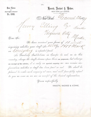 1879 KNAUTH NACHOD KUHNE NEW YORK LEIPZIG GERMAN DRAFT LETTER