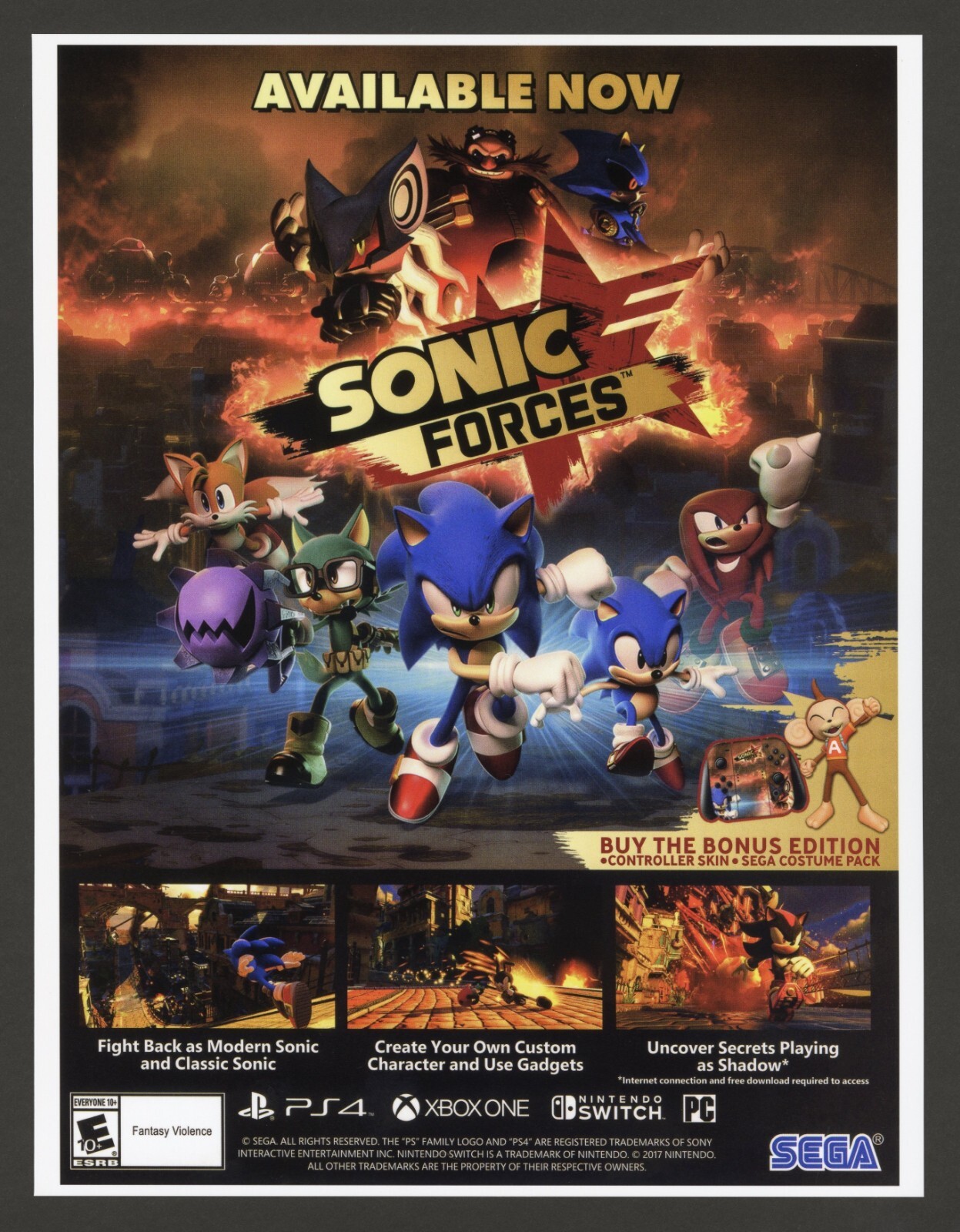 PS4 ソニックフォース　非売品ゲームポスター Sonic Forces SEGA PS4 Xbox One Rare Promo Small Poster / Ad