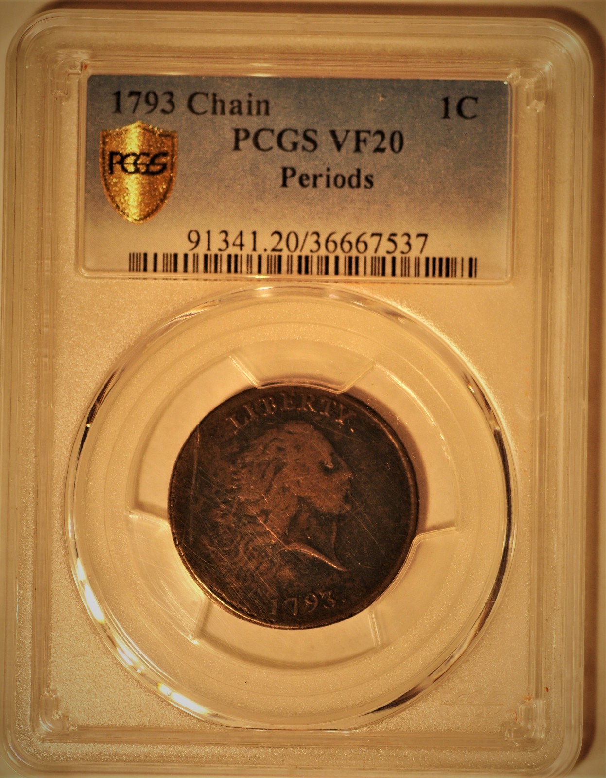 1793 1C LARGE CENT PERIODS CHAIN CENT S-4 R3+ PCGS VF20