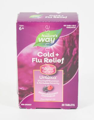 Natures Way COLD + FLU RELIEF Umcka 20 homeopathic BERRY chewable tablet 08/2025