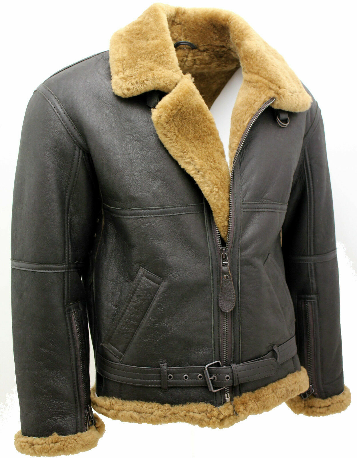 Pre-owned Infinity Men's Brown Raf Real Shearling Sheepskin Flying Leather Jacket With Ginger Fur