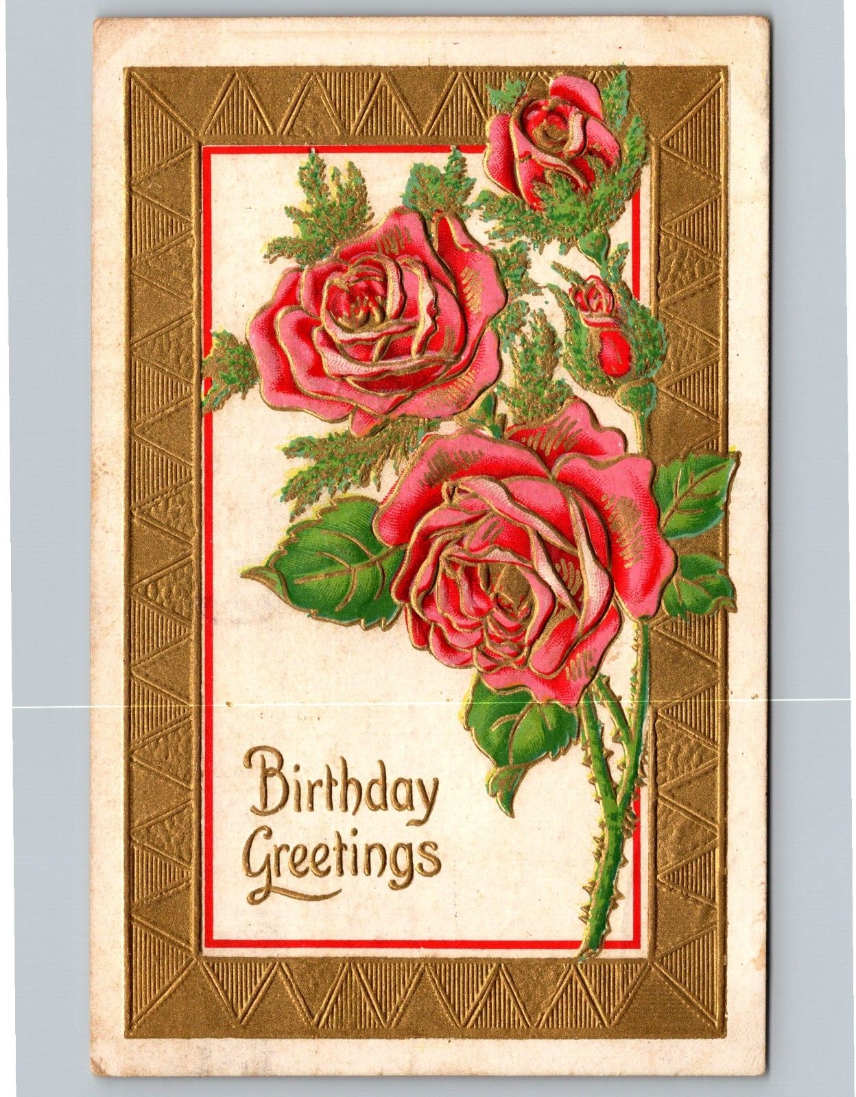 Postcard Embossed Gold Frame With Red Roses Birthday