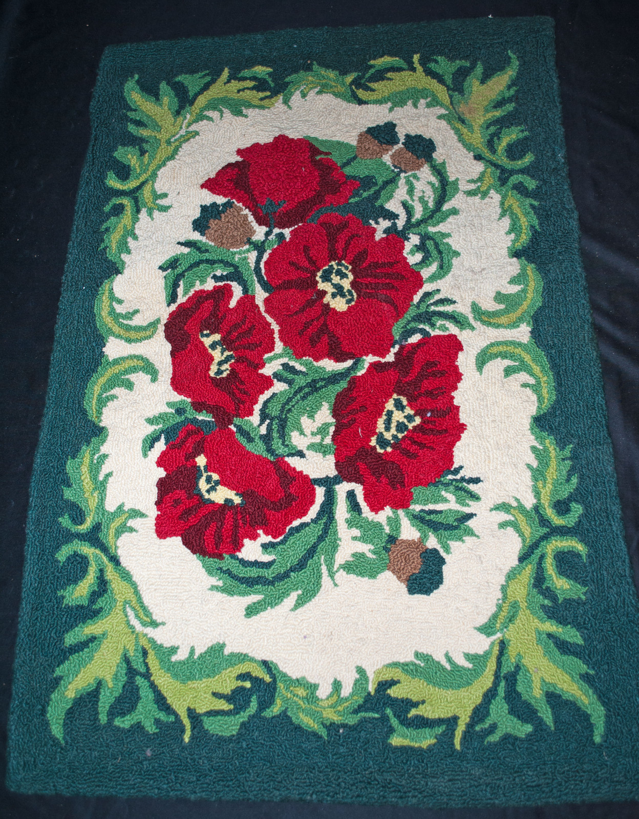Vintage Hooked Wool Rug Multicolored Flowers 38-1/2