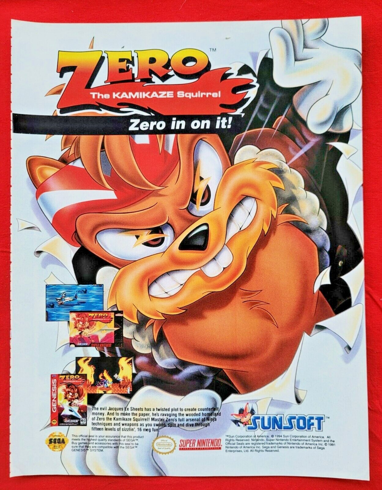 RARE 1994 ZERO Kamikaze Squirrel Sega Genesis Video Game RARE 1994 ZERO Kamikaze Squirrel Sega Genesis Video Game