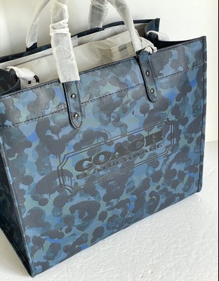 Pre-owned Coach Field Tote 40 Leather Blue Camo Print Crossbody C5308 Logo Org Pkg