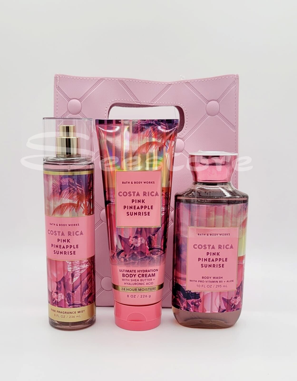 Bath & Body Works Pink Pineapple Sunrise Gift Bag Set Body Mist Shower Gel Cream