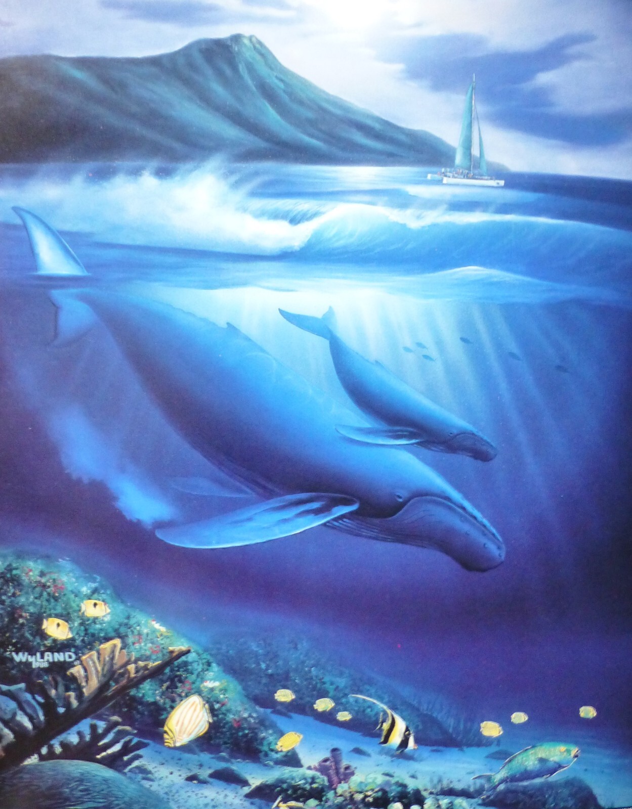 Wyland Studios Full Moon Diamond head 1989 Whales Ocean Sea