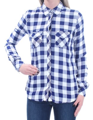 

MAISON JULES Женский темно-синий топ в клетку с манжетами и воротником на пуговицах Размер, Navy