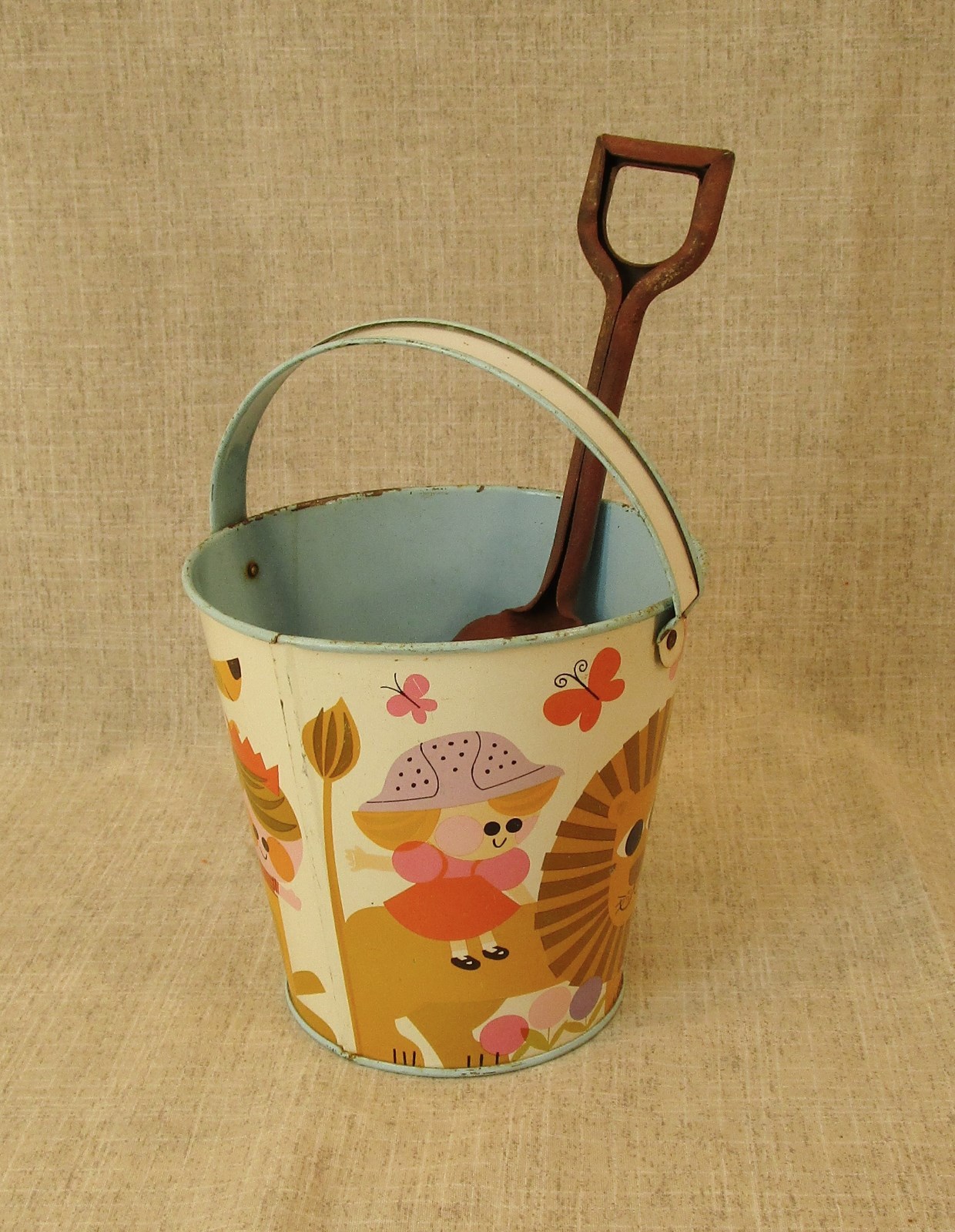 VTG OHIO ART PRESSED METAL TIN LITHO TOY SAND PAIL SHOVEL SAFEGUARD ADVERTISING