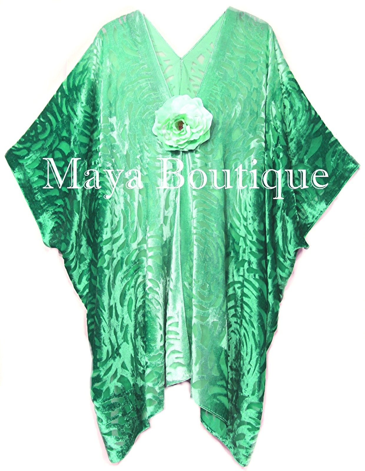 Pre-owned Maya Matazaro Emerald Green Camellia Burnout Velvet Caftan Kimono Ombre Hand Dye