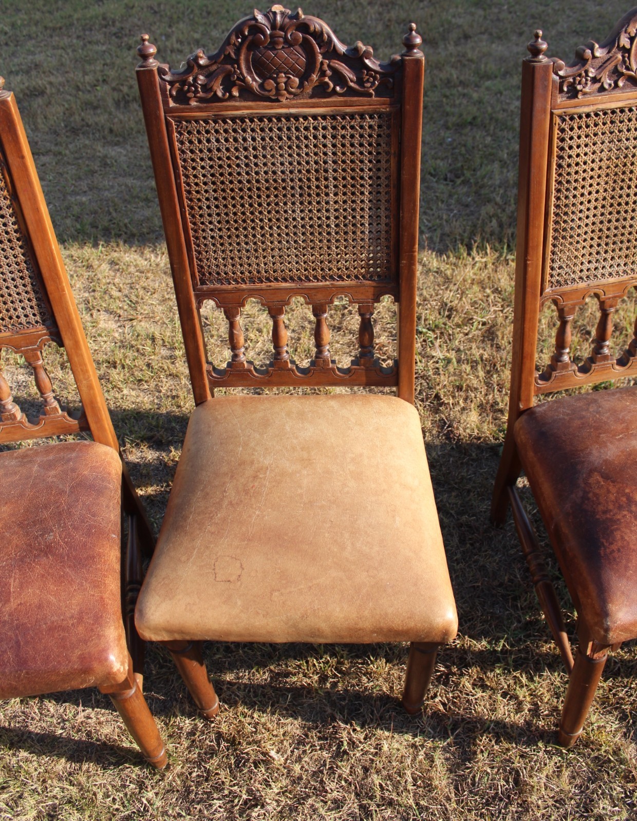 Set of Six 19th Century French Henri II Cane & Leather Side Chairs