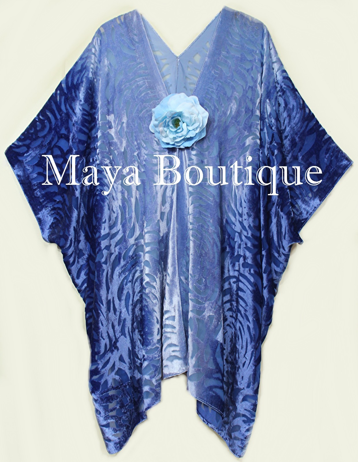 Pre-owned Maya Matazaro Niagara Blue Ombre Camellia Burnout Velvet Caftan Kimono Hand Dyed