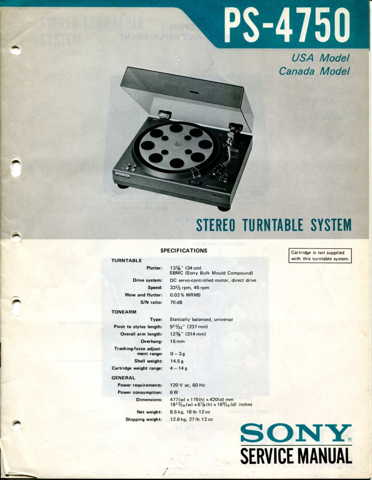 Sony Model PS-4750 Stereo Turntable System Service Manual w