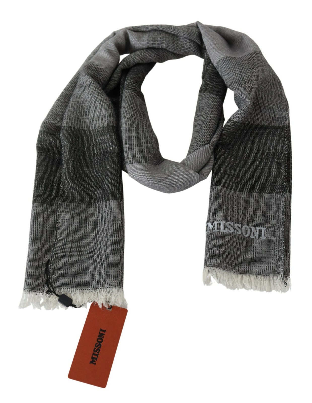 Шарф MISSONI, серый шерстяной в полоску, Унисекс, с бахромой на шее, с логотипом, 170 см х 45 см, 340 долларов США
