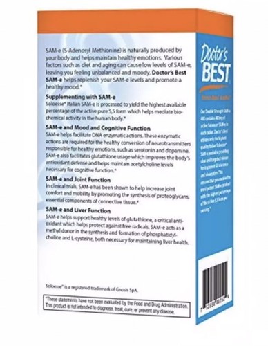 Doctor's Best SAM-e 400 mg Mood and Neural Function, Joint Comfort, Liver Health