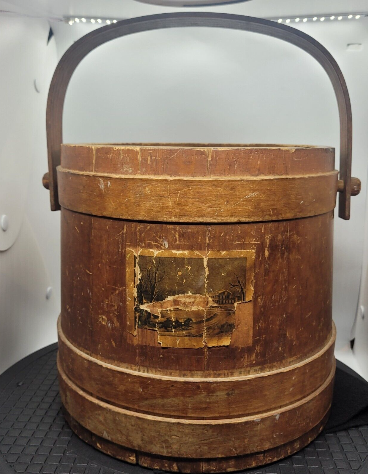 Antique Large Wooden Staved Sugar Bucket Firkin Currier Ives Paper Label No Top