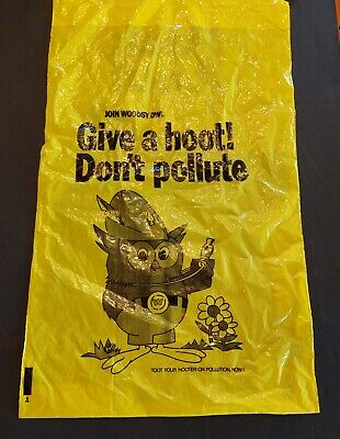 Vntg USFS Woodsy Owl anti-litter campaign yellow plastic draw-string litter bag
