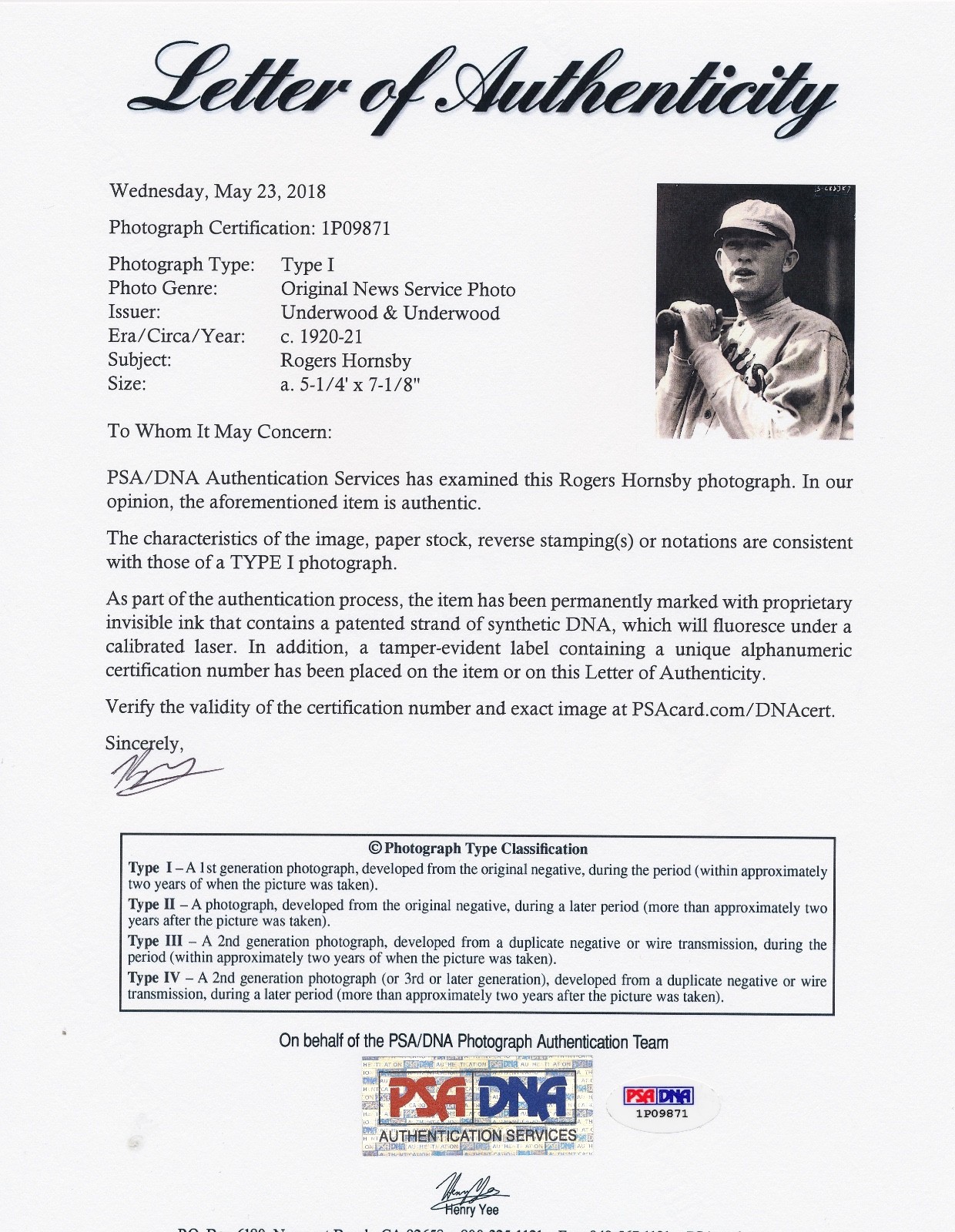 Rogers Hornsby 1920 Type 1 Original Photo PSA/DNA 1922 W575-2 Card Image