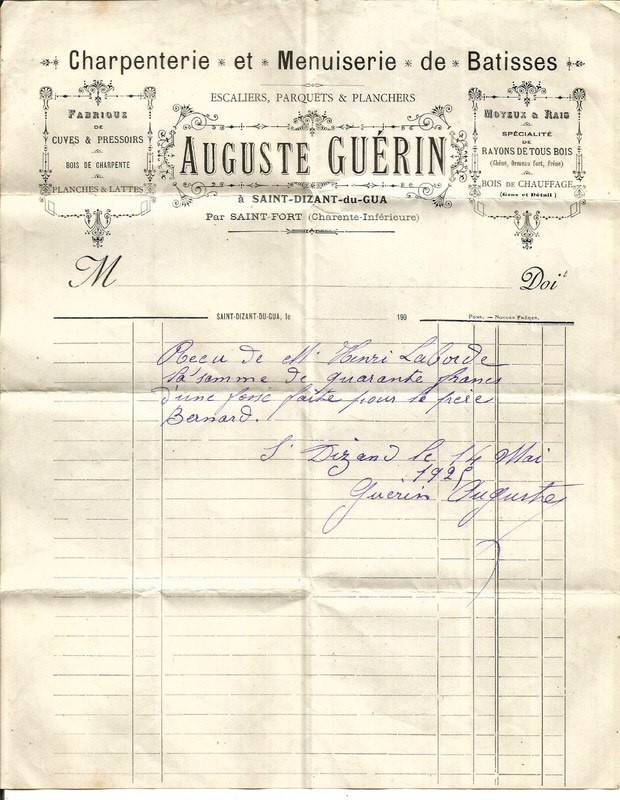 Saint Dizant Du Gua (17) Facture 1925. Auguste GuÃ©Rin.Charpentier-Menuisier.