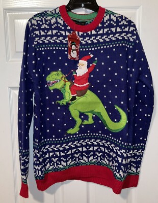 Blizzard Bay Men's Ugly Christmas Sweater  SMALL Santa Riding Dinosaur Bells