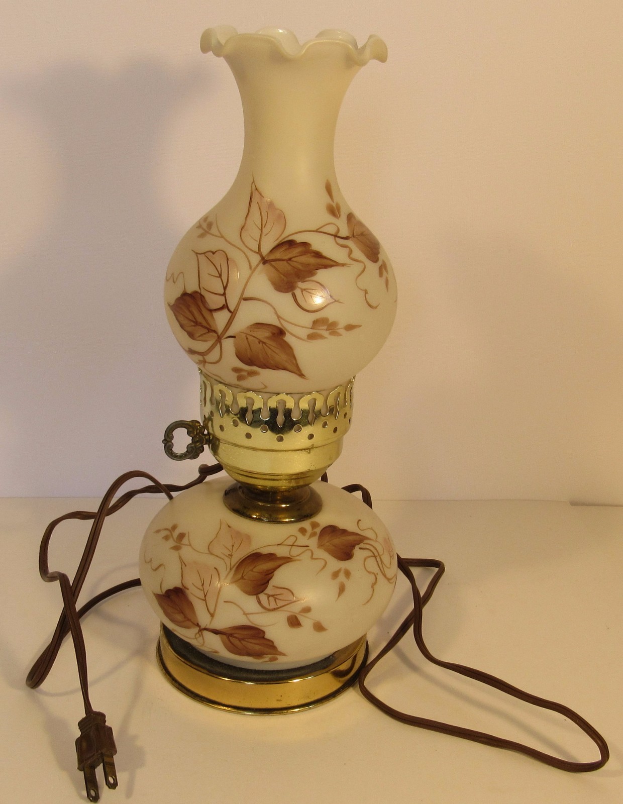 Vintage Electric Glass Lamp with Painted Leaf Pattern