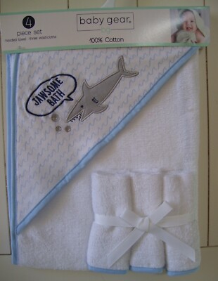 Boys Baby Gear 4 Pc 100% Cotton Shark Jawsome Bath Hooded Towel & 3 Washcloths